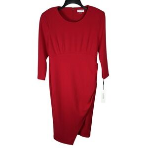 NEW Calvin Klein Midi Dress Womens 12 Red 3/4 Sleeve Stretch Front Slit Career